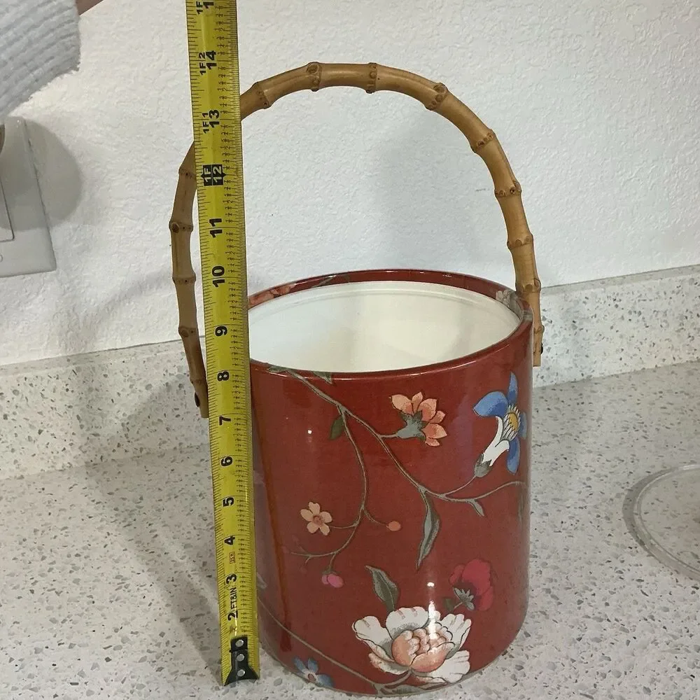 Vintage Vinyl Floral Asian Inspired Ice Bucket Retro MCM Regency Red Bamboo